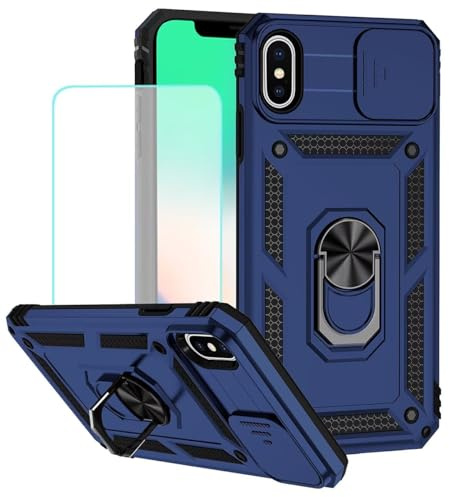 Jhxtech Schutzhülle für iPhone XS Max Hülle mit gehärtetem Glas Displayschutzfolie und Schieber für die Kamera, Magnetischer Ring Autohalterung Handyhülle für Apple iPhone XS Max Blau