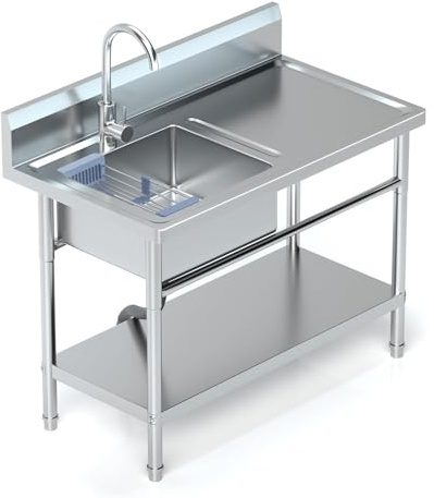 PurezmMoto Utility Sink Freestanding Single Bowl Laundry Sink with Hot and Cold Water Plumbing Workbench & Storage Stainless Steel Sink for Kitchen and Bathroom Farmhouse Style, 39Inch, Metallic Gray