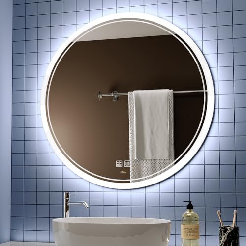 KWW Large Modern LED Round Mirror Bathroom Vanity Mirror, Color Temperature Adjustable, Wall Mounted, Anti-Fog Dimmable Lights Makeup Mirror (Two apertures, 78_x_78_cm)
