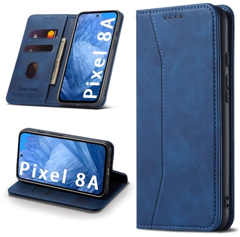 Leaisan Handyhülle für Google Pixel 8A Hülle Premium Leder Flip Klappbare Stoßfeste Magnetische [Standfunktion] [Kartenfächern] Schutzhülle für Google Pixel 8A 5G Tasche - Blau