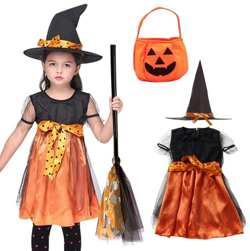 SOETDERT Disfraz de Bruja para Niña, Halloween Disfraz Infantil Con Vestido, Escoba y Sombrero para Carnaval y Navidad (Naranja)