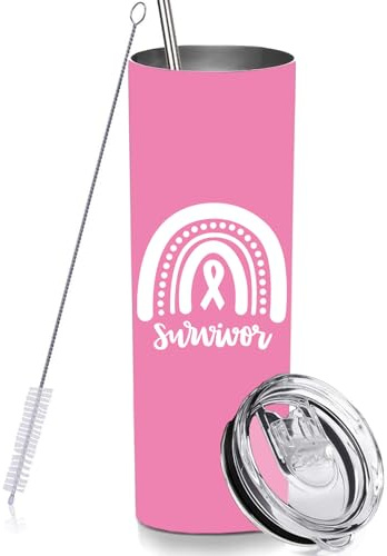 RNFENQS Pink Ribbon Logo Breast Cancer Awareness Skinny Tumbler Cup with Straw Lid, Breast Cancer Gift 20 OZ Insulated Vacuum Slim Travel Coffee Mug for Women