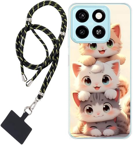 WUACYEAMING Carcasa para Móvil Compatible con ZTE Blade A55 Cover Funda Transparente para móvil con Dibujo TPU Gato lindo1*Cordón para Teléfono Ajustable