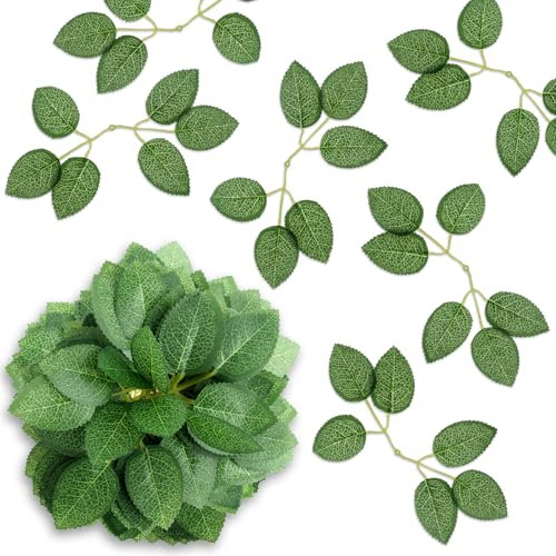 JIYIN Lot de 50 feuilles vertes artificielles, feuilles de rose artificielles en vrac en plastique pour bricolage, mariage, fête d'anniversaire, fête prénuptiale, centres de table, décoration
