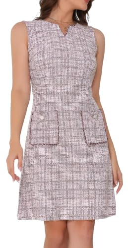 Allegra K Damen Tweed-Kleid Elegant Kariert Ärmellos Taschen Reißverschluss Business Freizeit Arbeitskleider