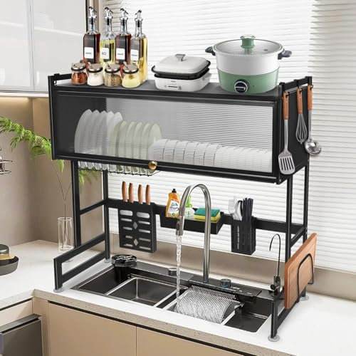 OHMG - Escurridor de platos de 3 pisos sobre el fregadero, organizador grande de fregadero de acero inoxidable con varias cestas, soporte para utensilios, gran estante de almacenamiento