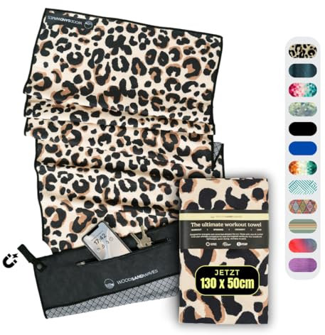 WOODSANDWAVES Sporthandtuch Fitnessstudio mit Reißverschluss Tasche & Magnet - Schnelltrocknend & rutschfest - Mikrofaser Fitness Handtuch Sport Fitnesshandtuch - Gym Handtuch & Zubehör - 130x50 cm
