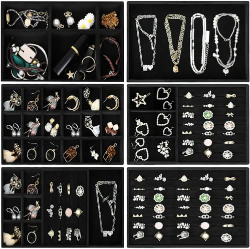 Lighterday Schmuckaufbewahrung Schublade,6 Stuck Schmucktablett,SchmuckkäStchen Schmuck Organizers Samt Stapelbar,Jewelry Organizer für Schmuck,Ohrringe,Armband,Ringe Aufbewahrung (Schwarz)