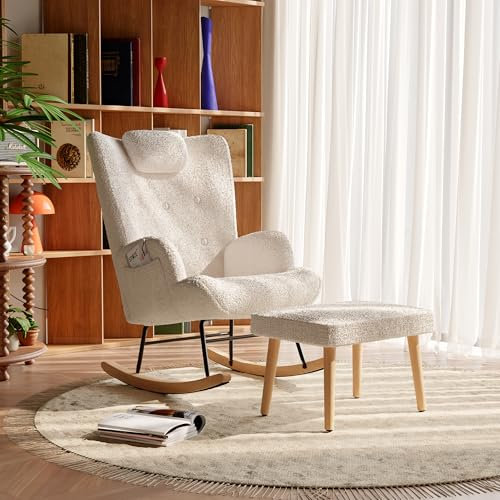 jeerbly Schaukelstuhl Teddy, Schaukelsessel mit Armlehne und Holzkufen Sessel Relaxsessel Wohnzimmersessel Schwingsessel für Schlafzimmer, Wohnzimmer bis 150kg belastbar,Beige