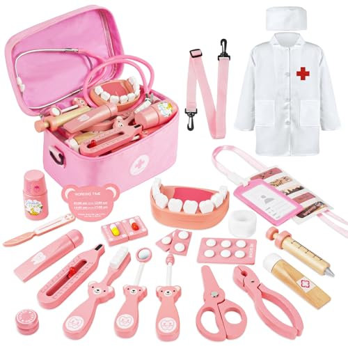 Aomig Gioco Dottore Ruolo Bambino, 31 Pezzi Valigetta Dottore Bambini Set, Legno Gioco Kit da Medico con Stetoscopio, Ragazzi e Ragazze di Kit Legno Medico Giocattolo per Bambini di 3-8 Anni