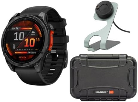 Garmin Fenix 8 51mm GPS Smartwatch with 1.4-Inch AMOLED Display (Slate Gray and Black) Bundle with Waterproof Hard Case (Black) and Focus Camera Charger Stand Smartwatches (3 Items)