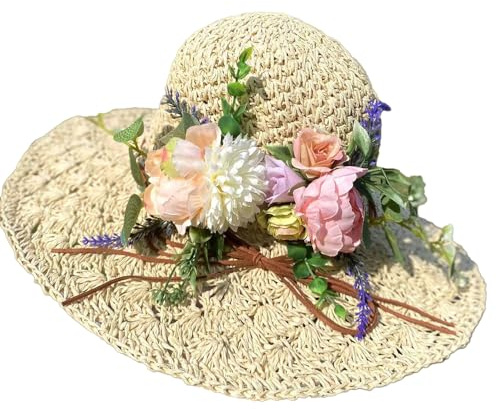 BrightGlow Damen Breit Krempe Strohhut Sommer Blumen Sonnenhut Weich Faltbar Sommerhut Anti-UV Strandhut Teeparty Hüte Damen Häkelhut aus Stroh Elegant Schlapphut Beige(Rose) Einheitsgröße