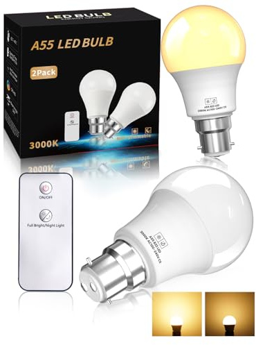 TobeBright B22 Remote Control Bayonet Light Bulb 5W 450LM - Night Light Bulb Mode 1W 60LM, A55 B22 Bayonet LED Bulb Warm White 3000K, 2-Pack