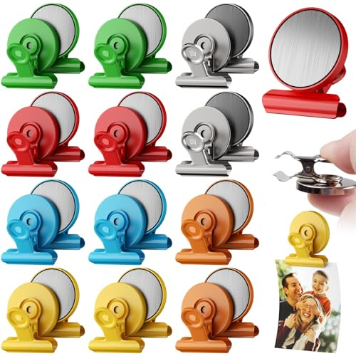 12 Stück Magnetische Clips, Magnetklammern, Magnet Klammer, Magnete mit Klammer, Magnet Clips, Kühlschrankmagnete, Magnetclips, Magnete für Magnettafel Whiteboard Kühlschrank Foto-Bunt