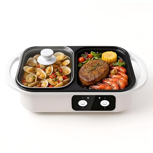 Non-Stick Electric Hot Pot and Grill Combo, 2 In 1 Smokeless Shabu Shabu Pot, Dual Temperature Control for Indoor Cooking, Perfect for Party and Camping