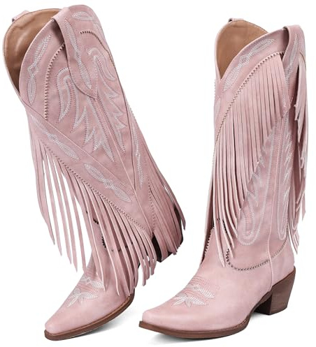 Grakihily Cowboy Boots for Women Retro Pointed Toe Pull On Block Chunky Heel Embroide Tassel Country Concert Outfits Calf Western Cowgirl Boots, Pu/Pink, 5.5 UK