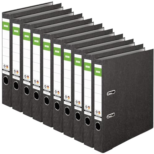 Original DINOR Ordner-Wolkenmarmor-Recycling - Made in Germany. DIN A4 schwarz Aktenordner Briefordner Büroordner Pappordner Schlitzordner Grüner Balken Blauer Engel (Schmal 10er Pack)