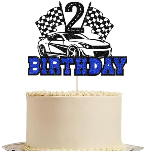 Race Car Cake Topper-Checkered Flag 2nd Black and blue Glitter,Happy Birthday Theme Cake Decor (2)