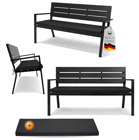 Berlinlodge Gartenbank Mallorca mit Sitzkissen in Holzoptik Kunststoff & Metall 3-Sitzer wetterfest, rustikal & massiv 77 x 128 x 44 cm Schwarz Polsterbezug abnehmbar Sitzbank Garten Balkon Terrasse