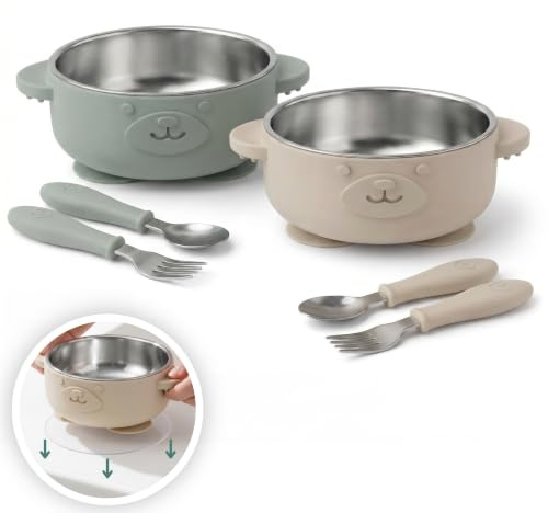 Broemba Cuenco Bebé Inox Ventosa 2 pzas Cuchara Tenedor Sin BPA Beige Verde | Cuenco con ventosa y cubertería infantil. 3 pegatinas incluidas. Sin BPA. Desde 6 meses. Apto para lavavajillas.