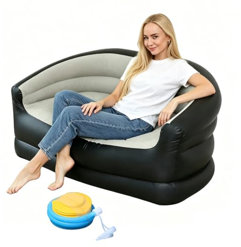 2-Sitzer Aufblasbares Sofa, Aufblasbarer Sessel mit Fußpumpe, Luftsofa Camping Outdoor, Aufblasbare Couch mit Beflockter Oberfläche, Tragbares Inflatable Sofa für Wohnzimmer, Balkon, Garten (Braun)