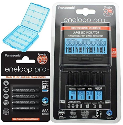 Panasonic eneloop Cargador BQ de cc65 Incluye pantalla LCD, 4 eneloop Pro AAA Micro, AccuCell Caja Blue