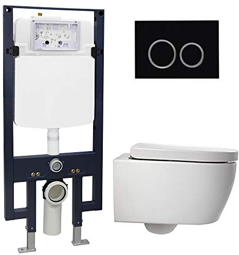 Paquete de inodoro completo 23: WC NT2038 y asiento de cierre suave con elemento de pared G3008 y pulsador frontal, pulsador: modelo 4111 negro mate