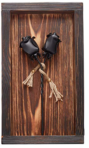 Set of 2 Forged Iron Roses Twisted Together Forever - Placed In Mountable Wooden Frame - Unique 3D