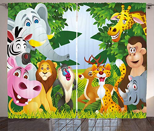 ABAKUHAUS Kindergarten Rustikaler Vorhang, Safari-Dschungel Lustig, Wohnzimmer Universalband Gardinen mit Schlaufen und Haken, 280 x 245 cm, Grün Gelb