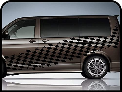 GRAFIC Seitensticker, Schachbrett, Abnutzungseffekt Racing 350cm, Zielflagge für Autobusse und Tuning-Vans (SCHWARZ Matte)
