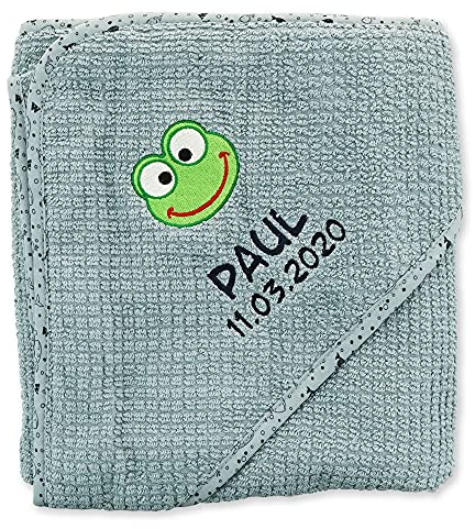 Wolimbo Bio Kapuzenbadetuch - stahlblau WALE 100x100cm - personalisierbar - Badehandtuch - weiches Babyhandtuch - Geschenk zur Taufe, Geburt - 100% Baumwolle