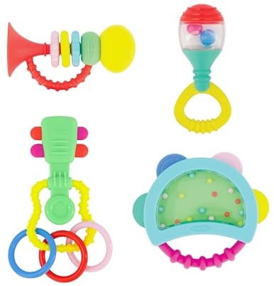 INFANTINO Baby's 1st Teethe and Play Music Set - Baby Essentials 4 Piece Gift Set, Instrument Themed teethers and rattles for Sensory Stimulation and Motor Development, BPA Free