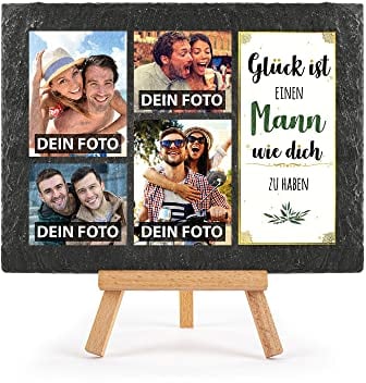 Schieferplatte selbst gestalten - mit 4 Fotos bedrucken - Glück ist einen Mann wie dich zu haben - Geschenk Valentinstag, Jahrestag, Hochzeit, Geburtstag, Schiefertafel mit Staffelei, 15 x 20 cm
