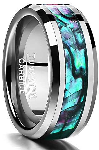 Vakki 8mm Abalone Muschel Einlage Wolframcarbid Ring Silber Poliert Kuppel Verlobungsring Ehering Komfortable Passform Größe 65(20.7)