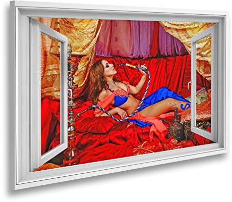 Bild auf Leinwand Fensterblick Sexy orientalische Schönheit ist im Zelt auf Kissen und rauchender Wasserpfeife Das Konzept des arabischen Harems Sagenhafter Effekt Wandbild Leinwandbild XCWD