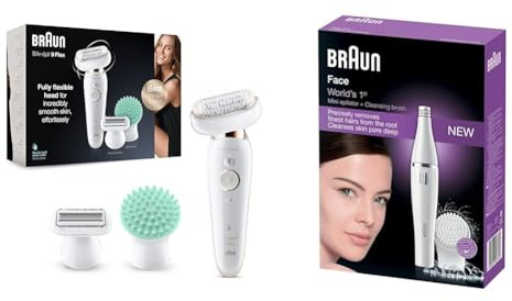 Braun Silk-épil 9 Flex Beauty-Set, Epilierer Damen, 6 Aufsätze, 9020, weiß/gold & FaceSpa Gesichtsepilierer Damen, Gesichtsreinigungsbürste, Haarentfernung und Reinigung, 810, ‎1 stück, weiß/silber