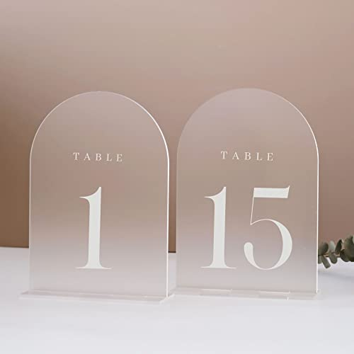 JINMURY Tischnummern für Hochzeit, mattiert, 15 Stück, 12,7 x 17,8 cm, mattierte Bogen-Acrylschilder mit Halter, Acryl-Tischnummern 1–15, perfekt für Hochzeitsdekoration