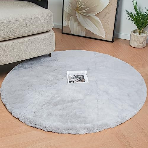 ORINOVA Runder Teppich Schlafzimmer Grau Waschbar Kunstfell 120 cm Flauschiger Kurzflor Teppich Wohnzimmer Kinderzimmer Weicher Deko
