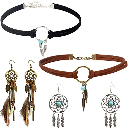 Boho Schmuck Set Bohemian Feder Traumfänger Ohrringe für Damen Drop Leder Choker Halskette Vintage Bohemian Feder Anhänger Ohrringe Handmade Retro Türkis Schmuck Anhänger Boho Stammes Schmuck Sets