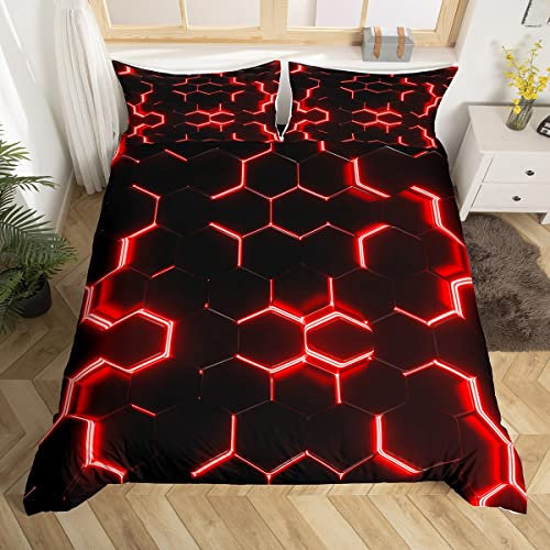 Loussiesd Red and Black Print Duvet Cover Double Size Boys Hexagonal Bedding Set Kids Teens Neon Glitter Honeycomb Decor Comforter Cover Beehive Simplistic Geometric Bed Set 3 Pcs