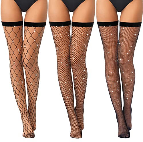 SATINIOR 3 Pares Medias de Rejilla con Diamantes de Imitación Brillantes Medias Elásticas Altas hasta Muslo de Encaje Negro
