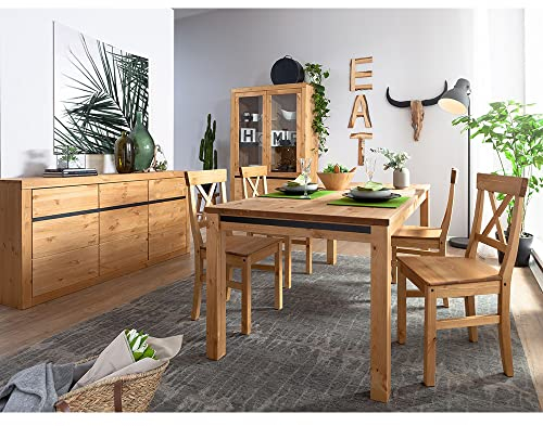 Esszimmer Set Massivholz Kiefer Esstisch 180 x 90 cm Vitrine Vitrinenschrank Standvitrine Sideboard Anrichte Kommode