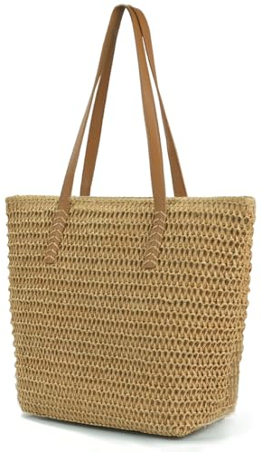MAMUNU Straw Beach Bag for Women, Summer Straw Tote Shoulder Bag, Reusable Boho Casual Travel Holiday Handbag with Zipper Handles for Beach Vacation Outdoor Work Shopping Daily Use