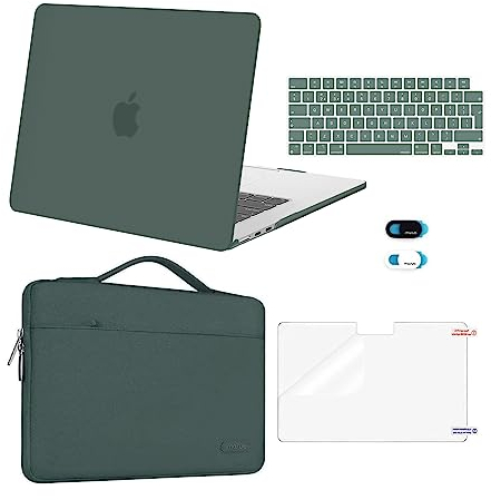 MOSISO Funda Compatible con MacBook Air 15 Pulgadas M4 M3 M2 2025 2024 2023 A3241 A3114 A2941 Touch ID, Plástico Carcasa&Bolsa Manga&Tapa Teclado&Pantalla Protector&Cubierta Webcam,Verde Emérita