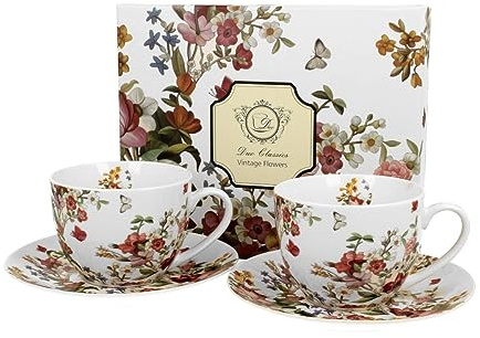 DUO FLORAL 2er-Set Tassen 280 ml VINTAGE FLOWERS WHITE mit Untertassen, New Bone China Porzellan