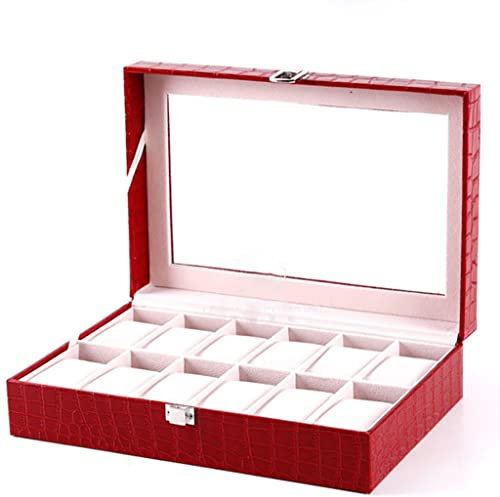 BONOOL Rote Uhrenbox aus PU-Leder, Organizer, Aufbewahrungsbox für Quarzuhren, Schmuckschatullen, Präsentationsgeschenk (Farbe: D, Größe: 12 Fächer)