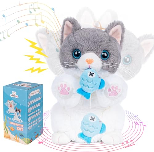 WAYPIN SION Gato de Peluche Interactivo, Lindo Gatito, Juguetes de Peluche, Gato Comiendo Pescado con Loro repetido sacudiendo el Cuerpo y la Cabeza, Regalos del Festival para niños (Azul)