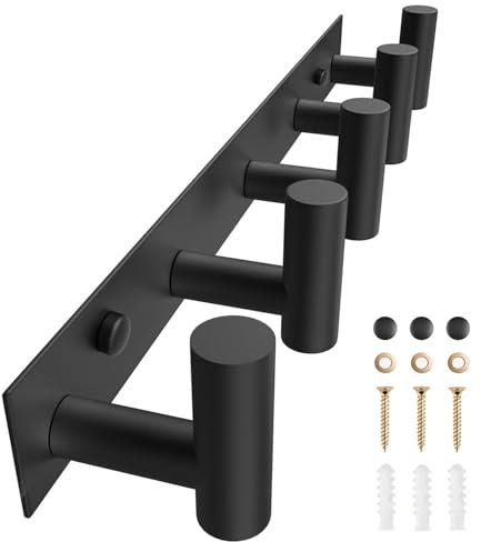 VAEHOLD Black Hat and Coat Wall Mount Rack 5 Hooks for Robes, Bags, Keys, and Towels Bathroom Towel Hanger Organizer (1 Pack)