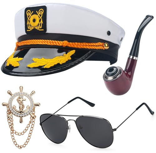 ERDOGLY Kapitänsmütze für Männer Frauen, Matrosenhut Kostümzubehör mit Kapitänsrequisite & Flieger-Sonnenbrille, Marine Yacht Boot Mütze Schiff Rock Party Verkleidung Geschenke