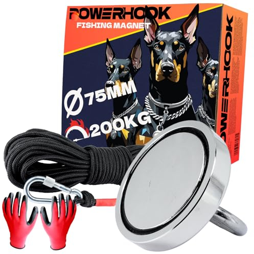 PowerHook - Neodym Magnet 200KG Stark - 75mm Groß - Bergemagnet - Angelmagnet - Magnetfischen Set - Mit 20m Seil und Karabinerhaken